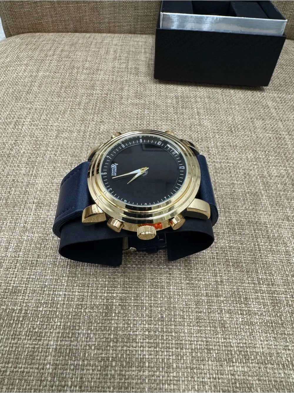 American Exchange Men’s Quartz Analog-Digital Watch Blue Leather Strap Gold Box